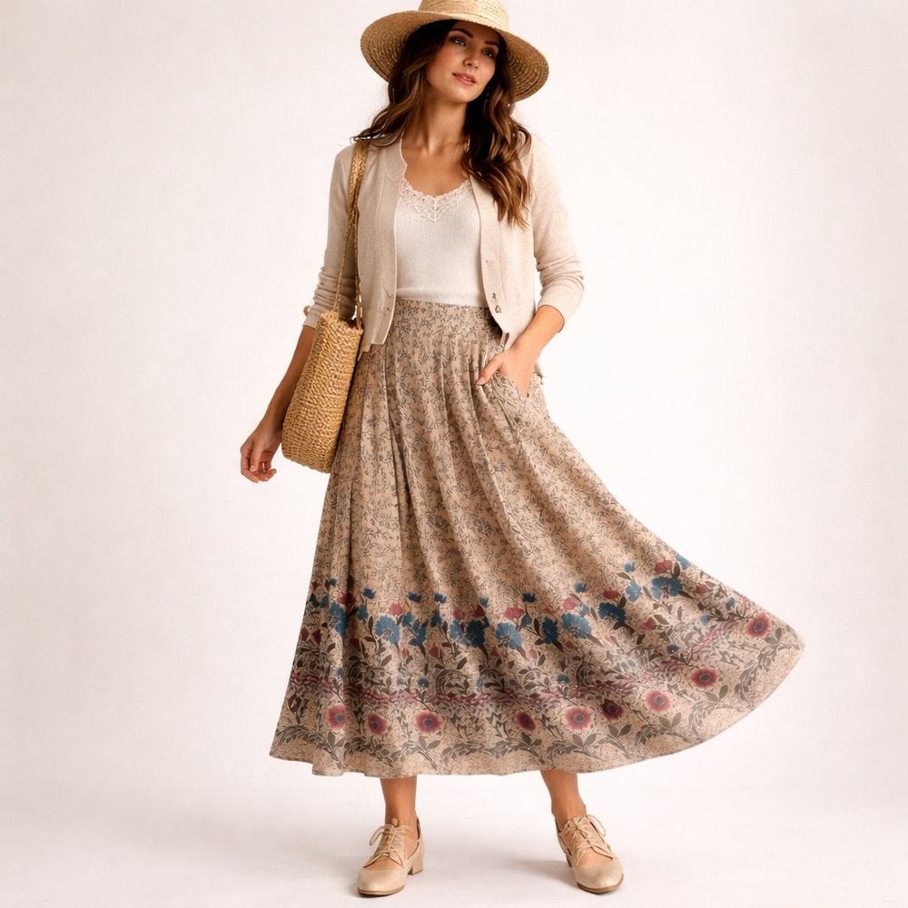 Vintage Floral Garden Midi Skirt Romantic Prairie Beige Evan‎ Picone Size 4